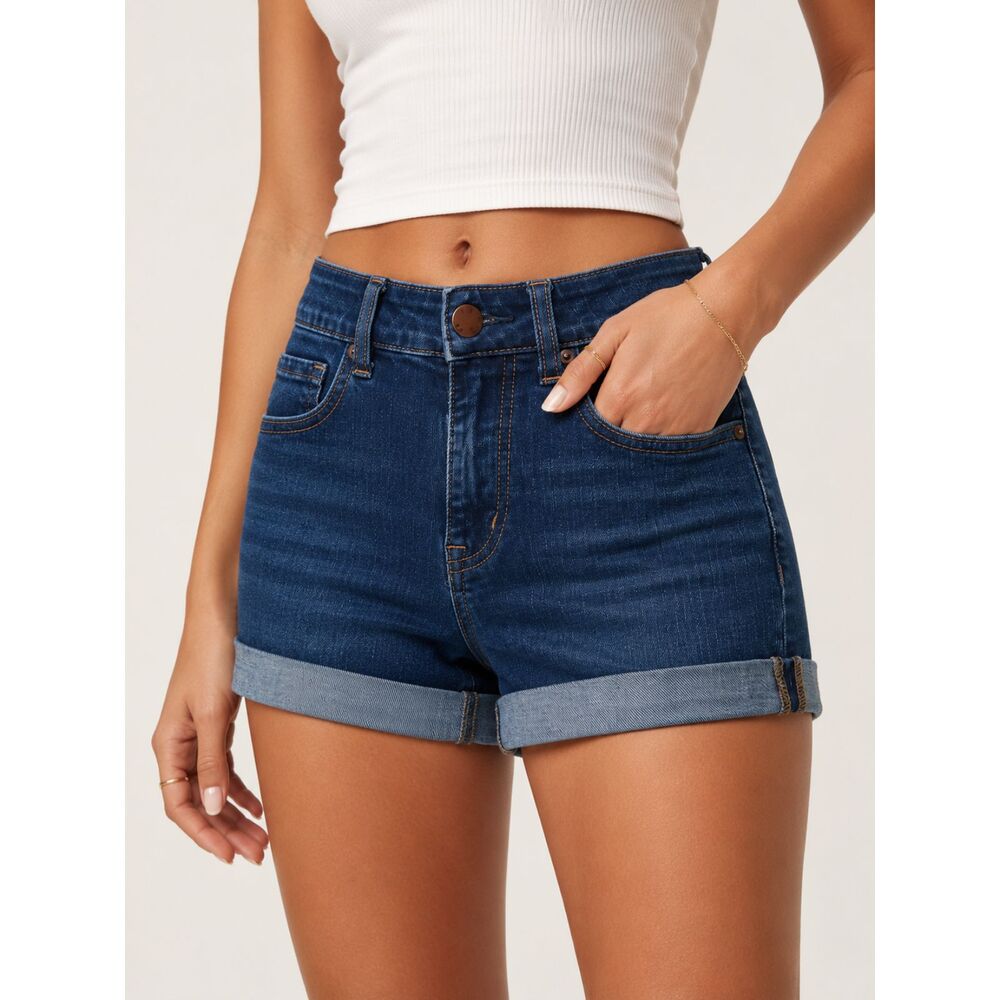 Aeropostale High Rise Midi Denim Shorts Cuffed Stretch Blue Jean Shorts 4